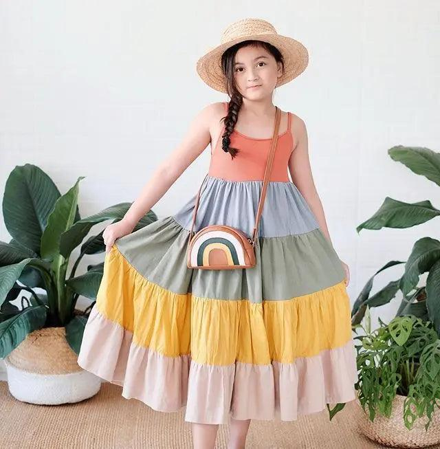 Girls Suspender Multicolored Rainbow Dress