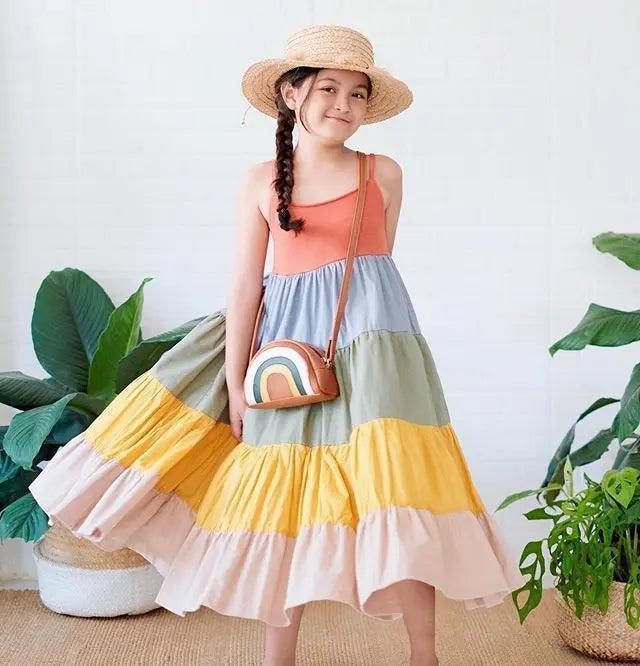 Girls Suspender Multicolored Rainbow Dress