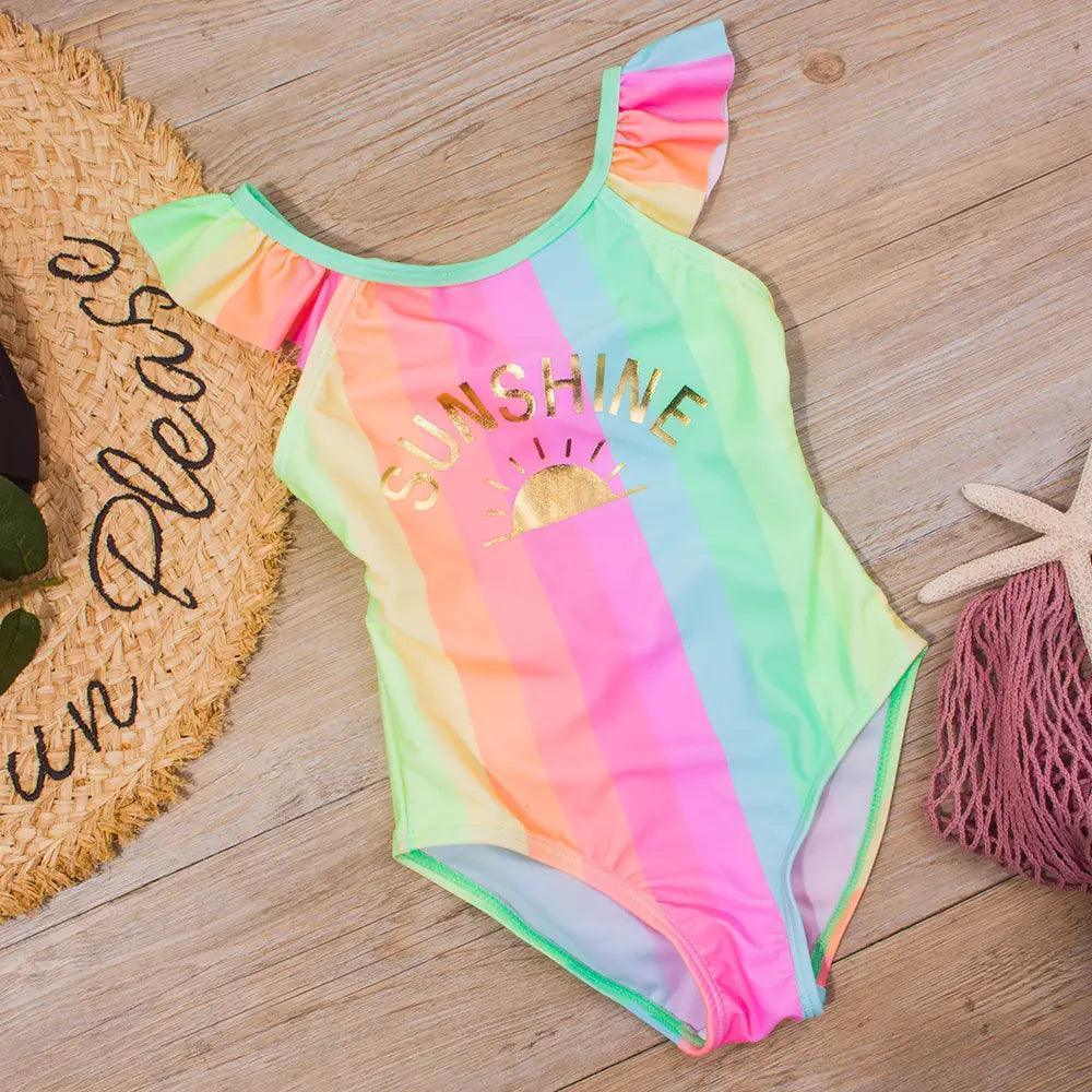 Girls Sweet Colorful Striped Ruffled Summer Beachwear Swimwear