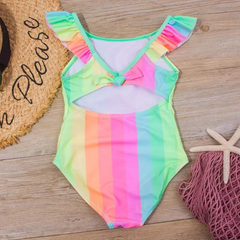 Girls Sweet Colorful Striped Ruffled Summer Beachwear Swimwear