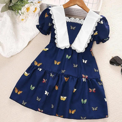 Girls Sweet Lace Lapel Butterfly Short Sleeve Princess Dress
