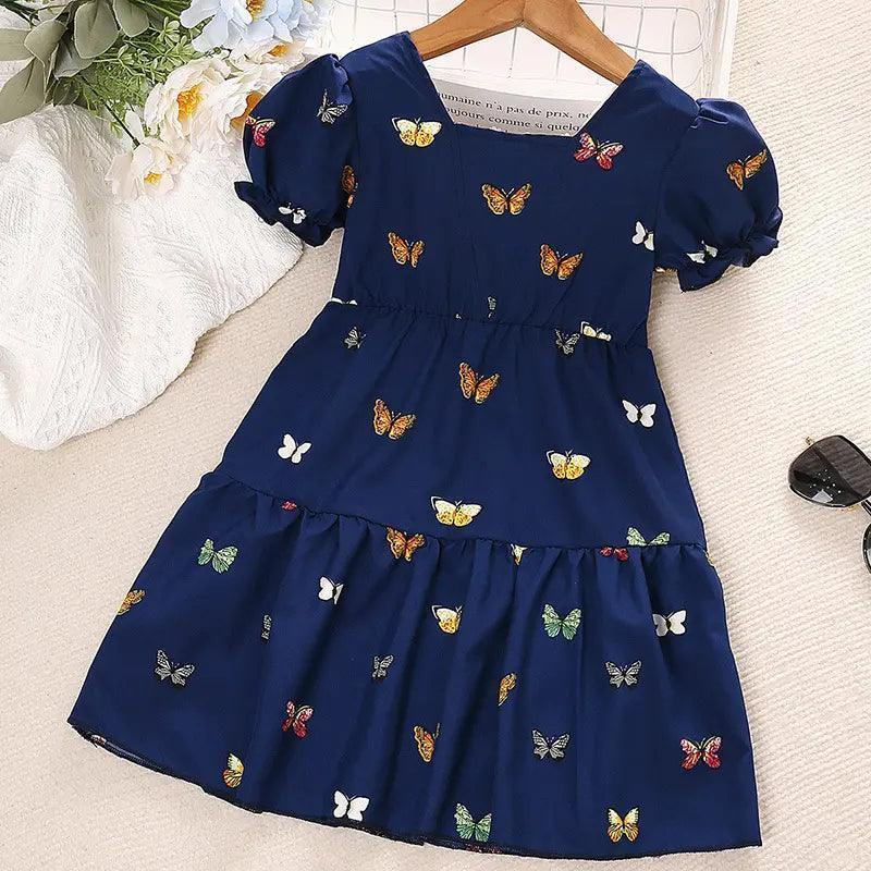 Girls Sweet Lace Lapel Butterfly Short Sleeve Princess Dress