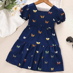 Girls Sweet Lace Lapel Butterfly Short Sleeve Princess Dress
