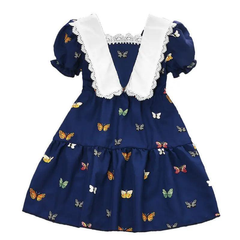 Girls Sweet Lace Lapel Butterfly Short Sleeve Princess Dress