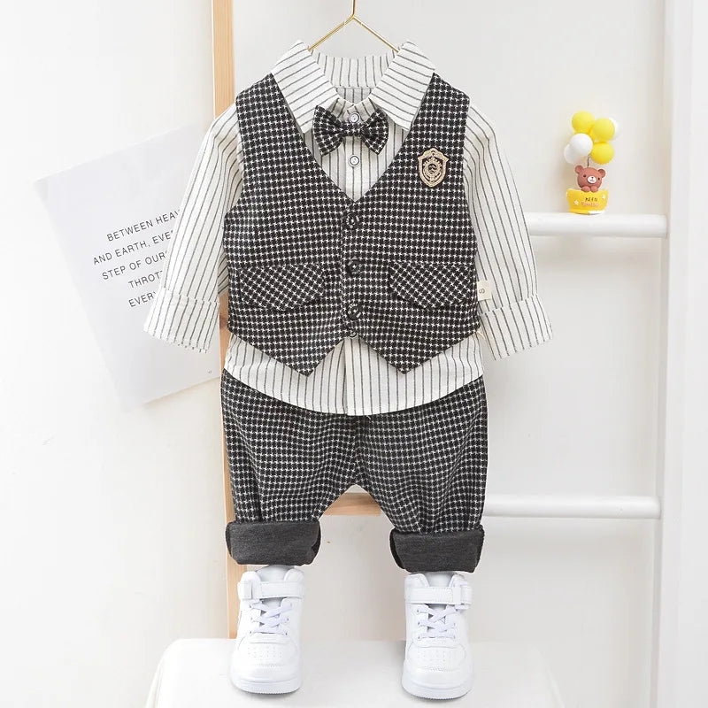 Elegant Baby Boy Casual Wear Striped Shirt Vest Pants Sets
