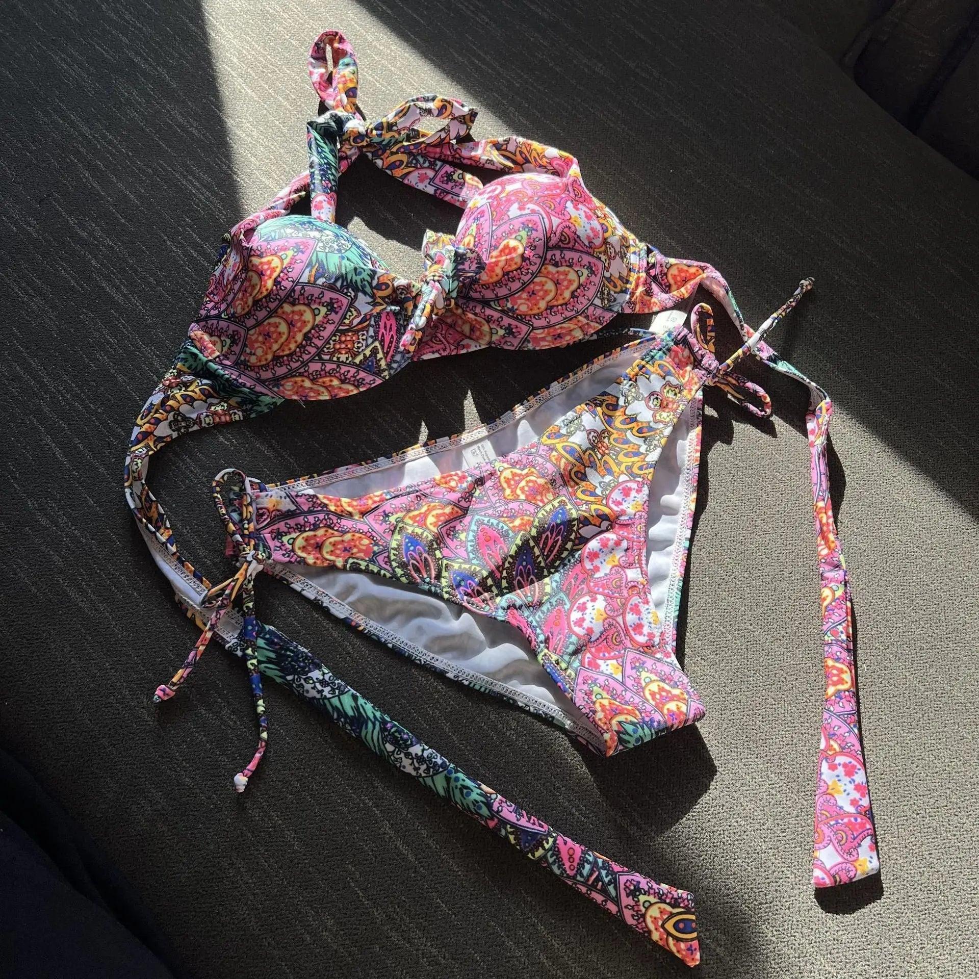 Hard Cup Floral Totem Strap Split Swimsuit