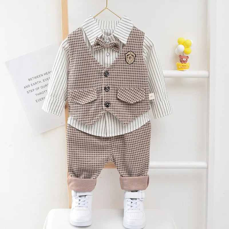 Elegant Baby Boy Casual Wear Striped Shirt Vest Pants Sets