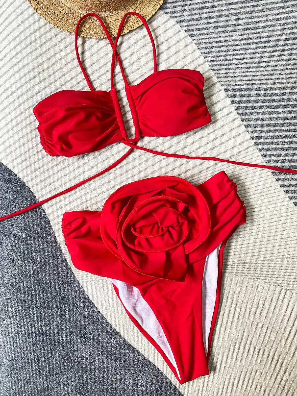 High Waist Sexy Three Dimensional Floral Split Women Swimsuit