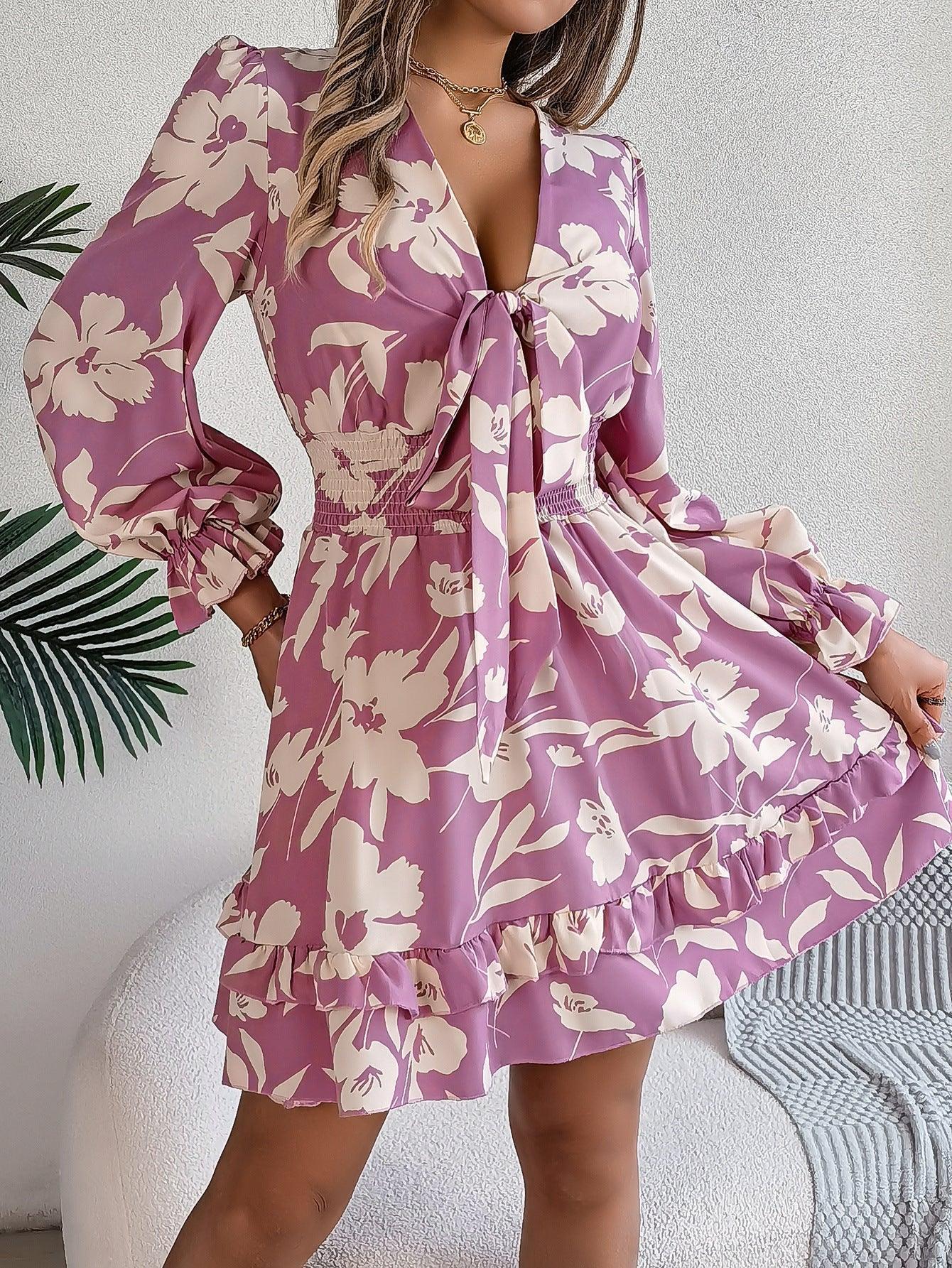 Casual Floral Lace up Long Sleeve Dress