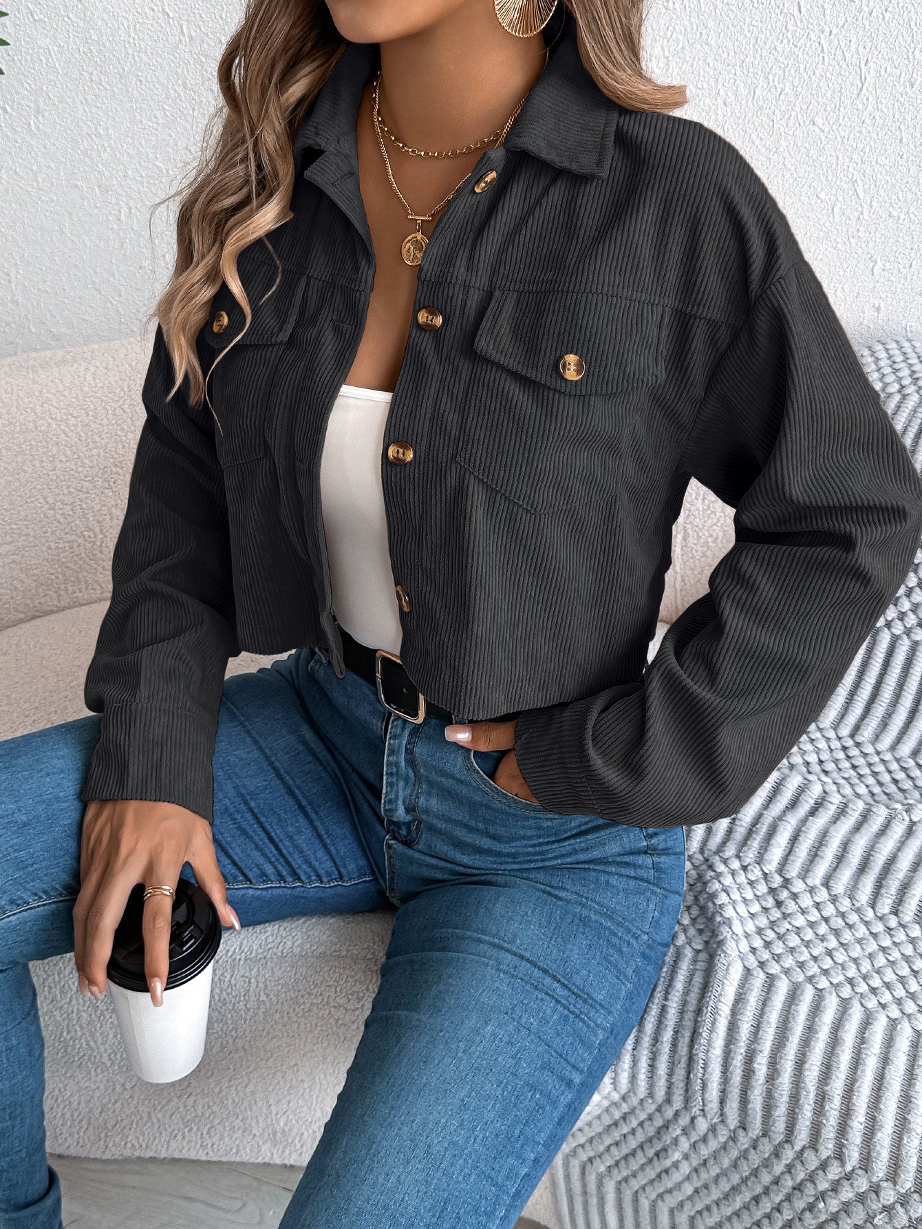 Casual Pocket Long Sleeve Corduroy Short Jacket