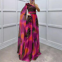 Chiffon Printed Sloping Shoulder Casual Party Dress
