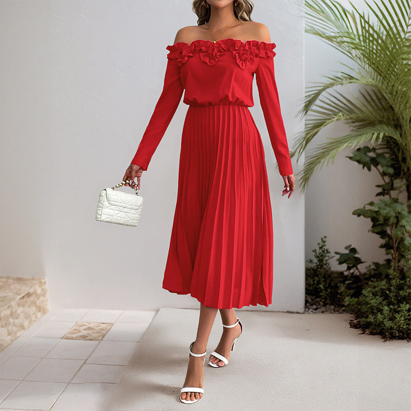 Elegant Sweet off Shoulder Long Sleeve Solid Color Dress
