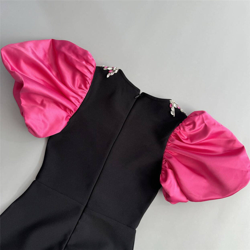Elegant Rose Red Puff Sleeve Bandage One Piece Dress