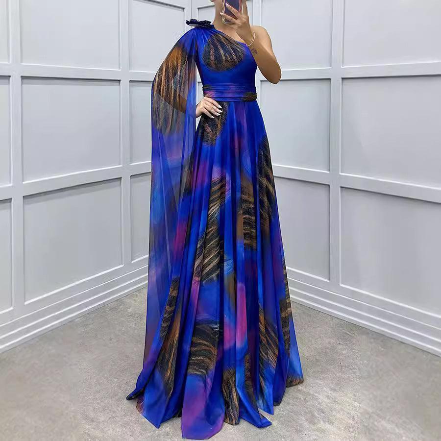 Chiffon Printed Sloping Shoulder Casual Party Dress