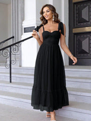 Fashionable Lace up Shoulder Pleated Hem Mesh Dress