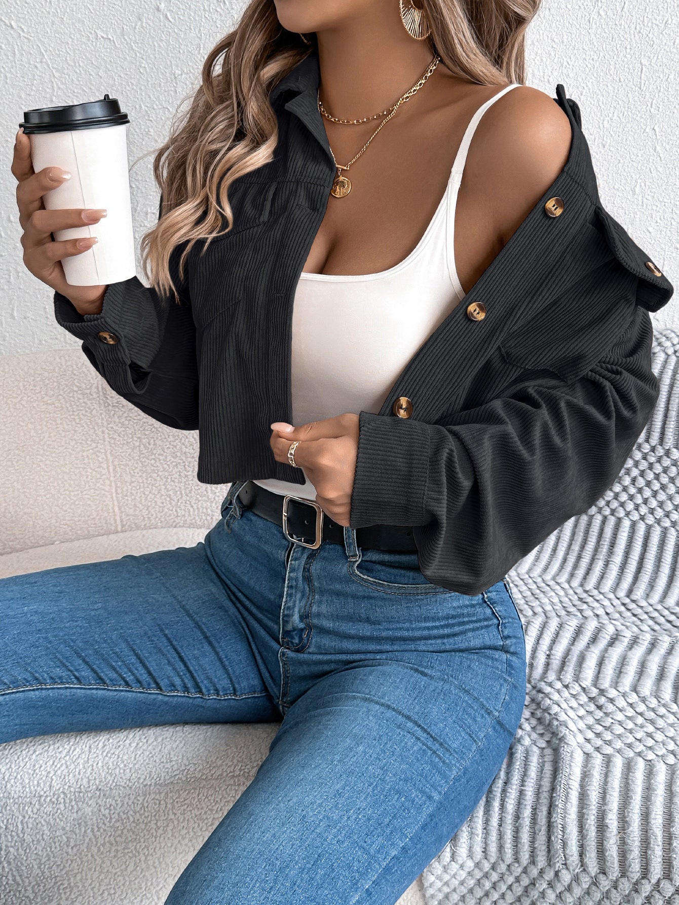 Casual Pocket Long Sleeve Corduroy Short Jacket
