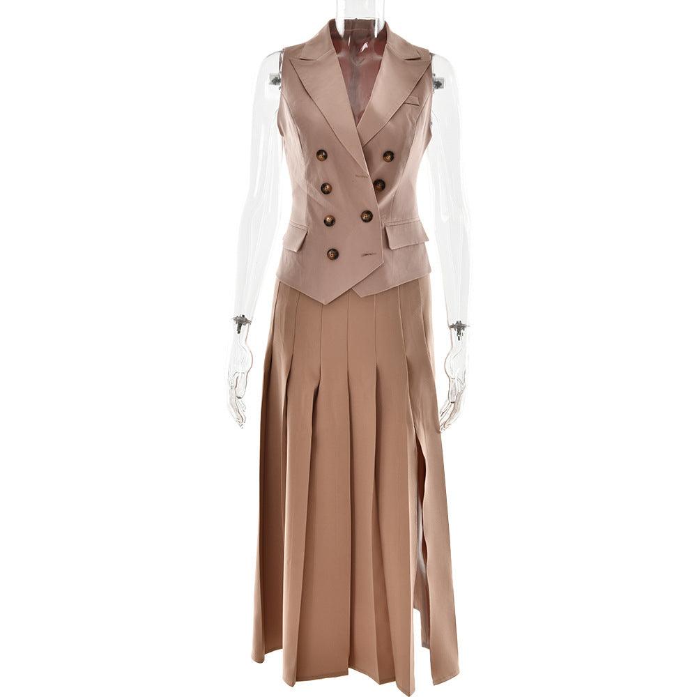 Elegant Maxi Skirt Sleeveless Vest Pleated Two Piece Sets