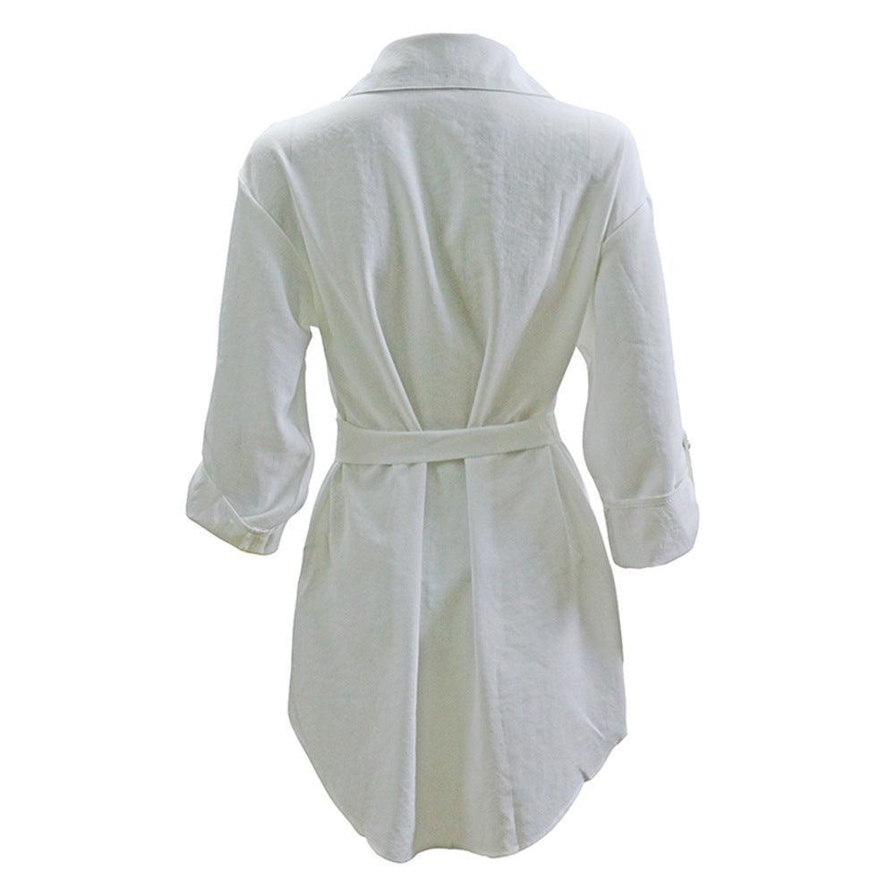 Cardigan Solid Color Rolled Sleeves Shirt Dress