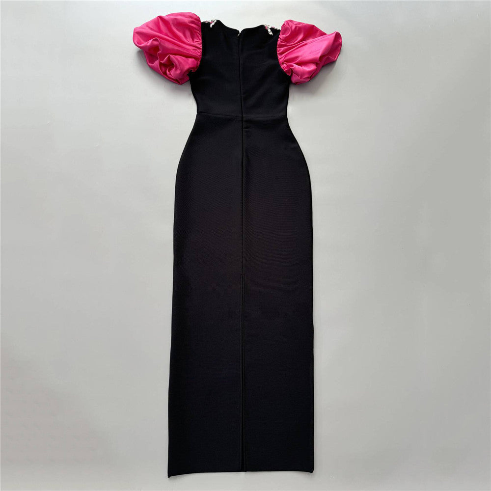 Elegant Rose Red Puff Sleeve Bandage One Piece Dress