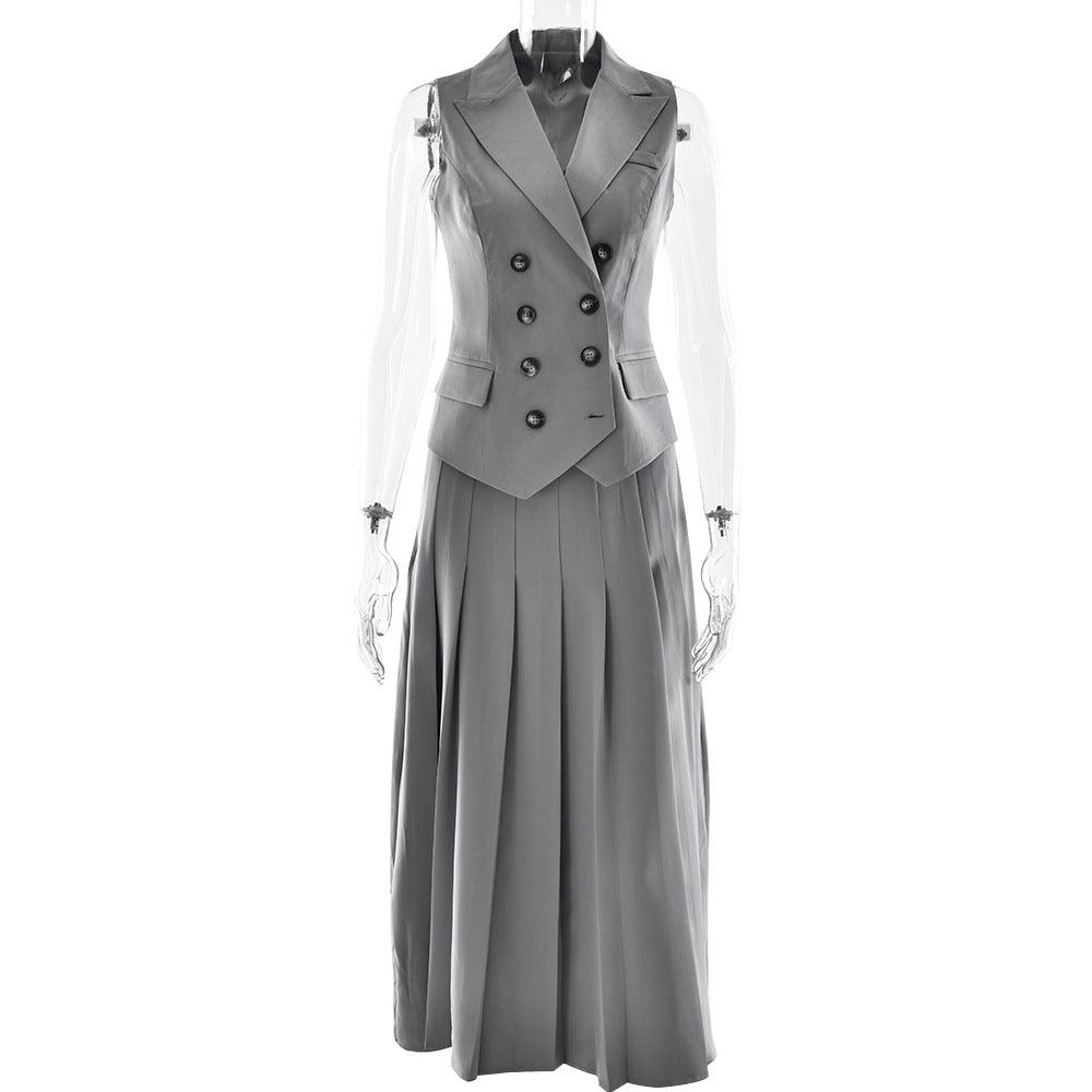 Elegant Maxi Skirt Sleeveless Vest Pleated Two Piece Sets