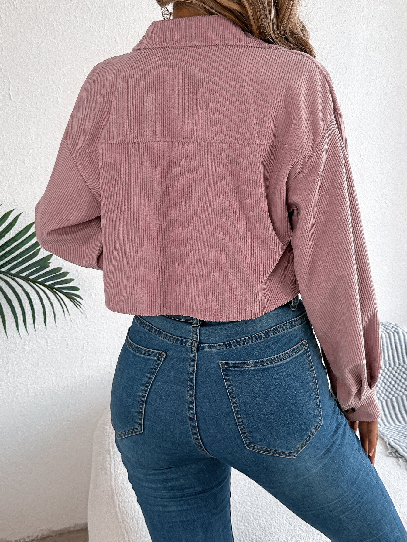 Casual Pocket Long Sleeve Corduroy Short Jacket