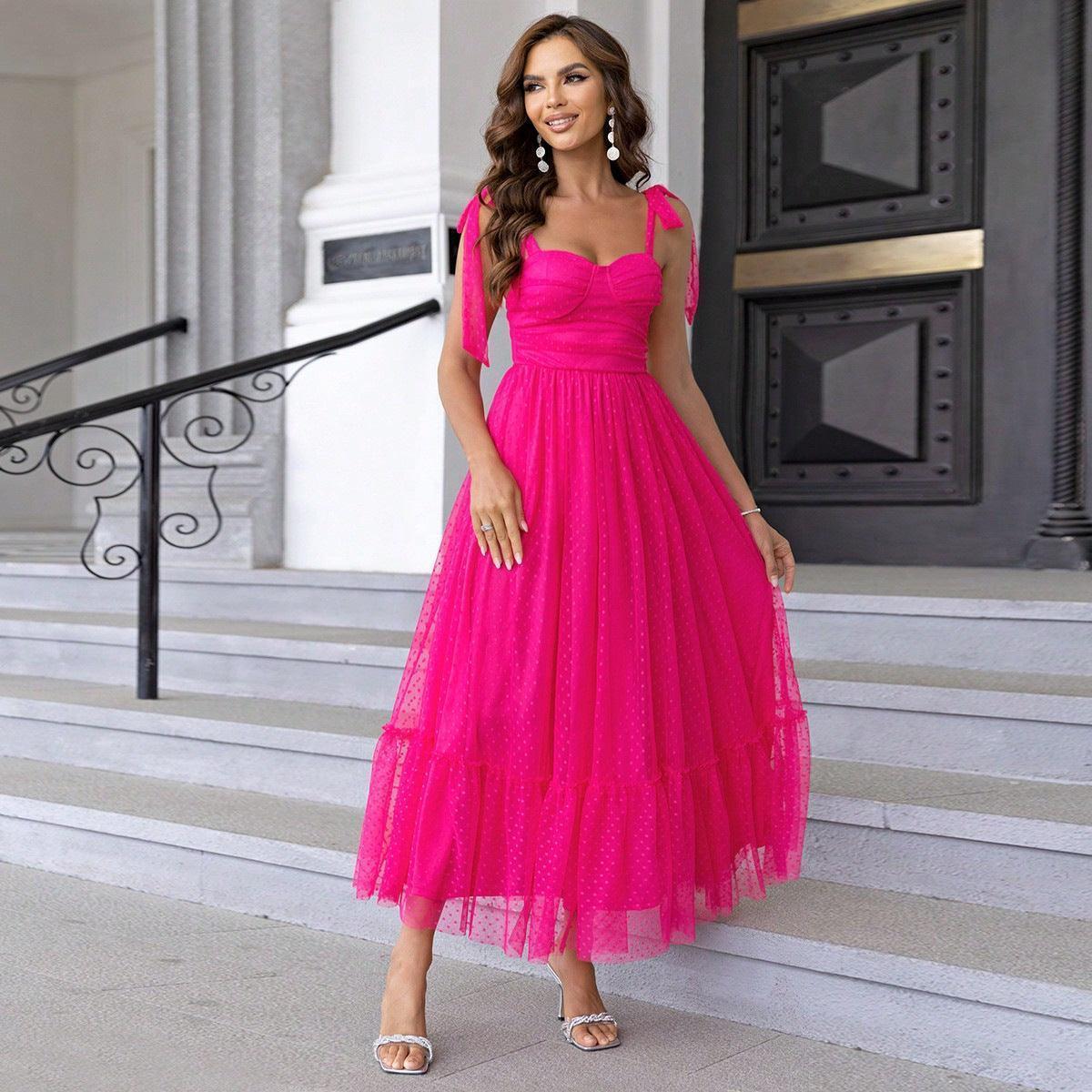 Fashionable Lace up Shoulder Pleated Hem Mesh Dress