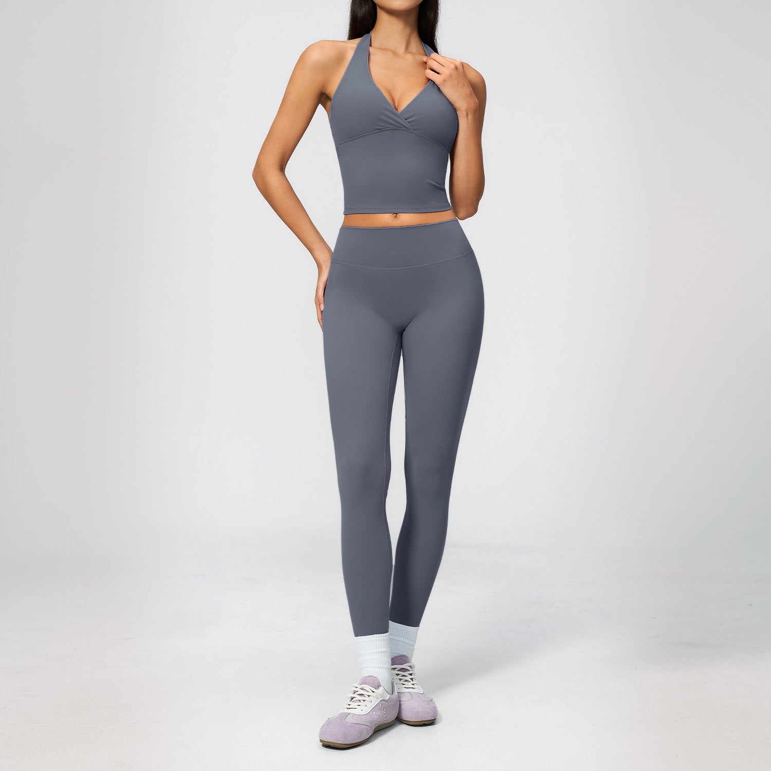 Brushed Deep V Plunge Halter High Waist Yoga Clothes
