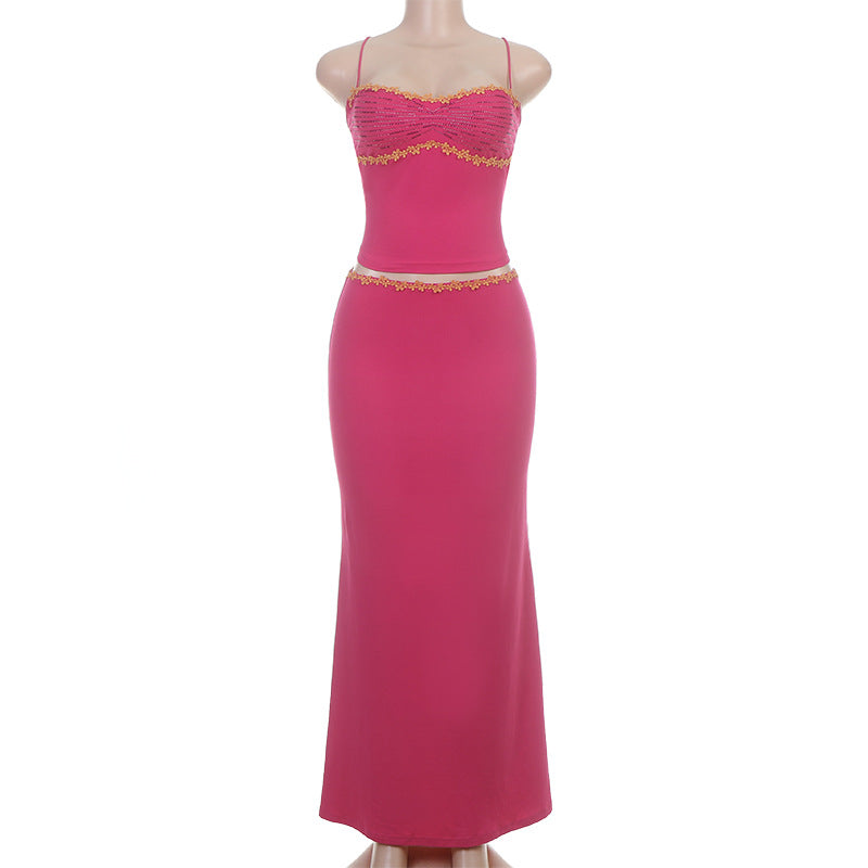 French Sweet Casual Chiffon Lace Vest Skirt Set
