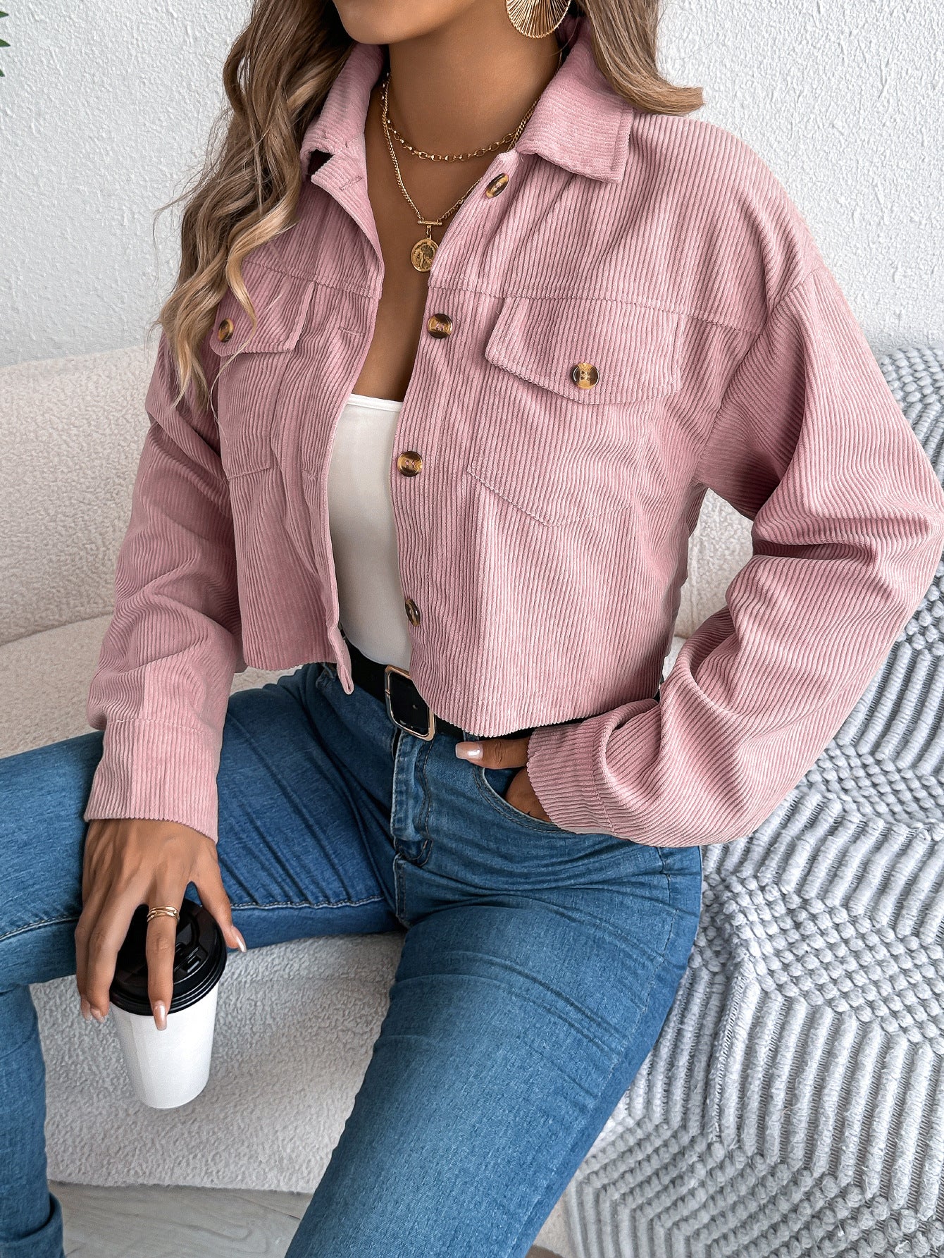 Casual Pocket Long Sleeve Corduroy Short Jacket