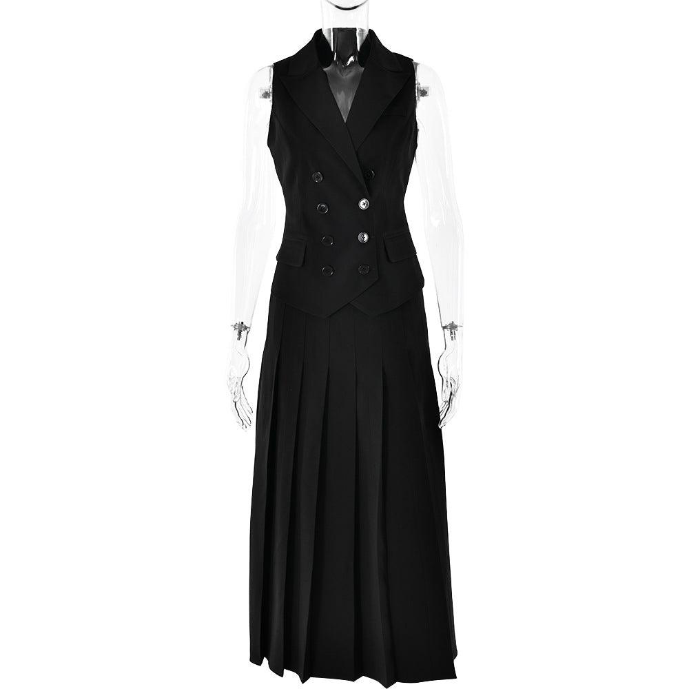 Elegant Maxi Skirt Sleeveless Vest Pleated Two Piece Sets