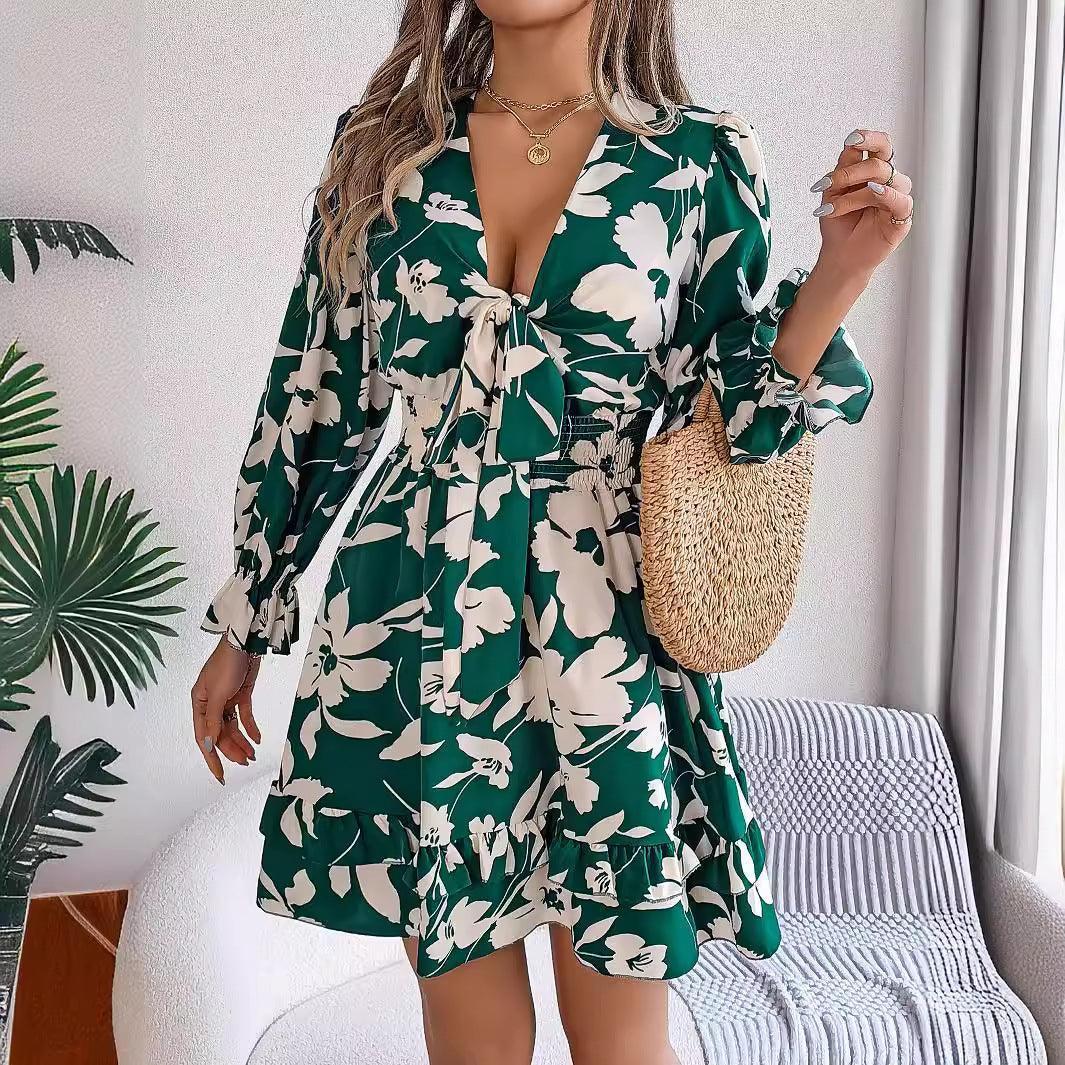 Casual Floral Lace up Long Sleeve Dress