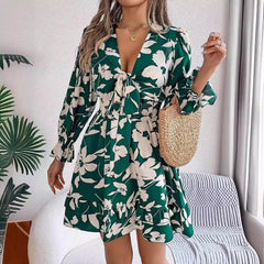 Casual Floral Lace up Long Sleeve Dress