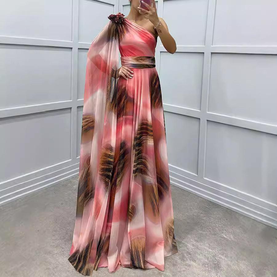 Chiffon Printed Sloping Shoulder Casual Party Dress