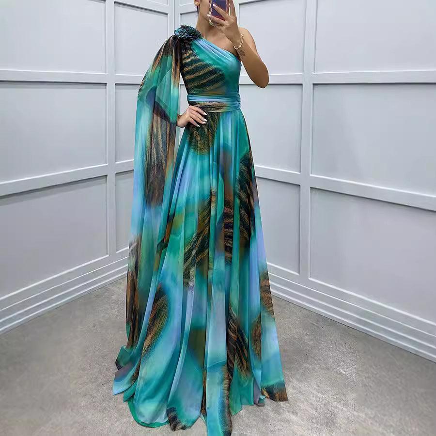 Chiffon Printed Sloping Shoulder Casual Party Dress