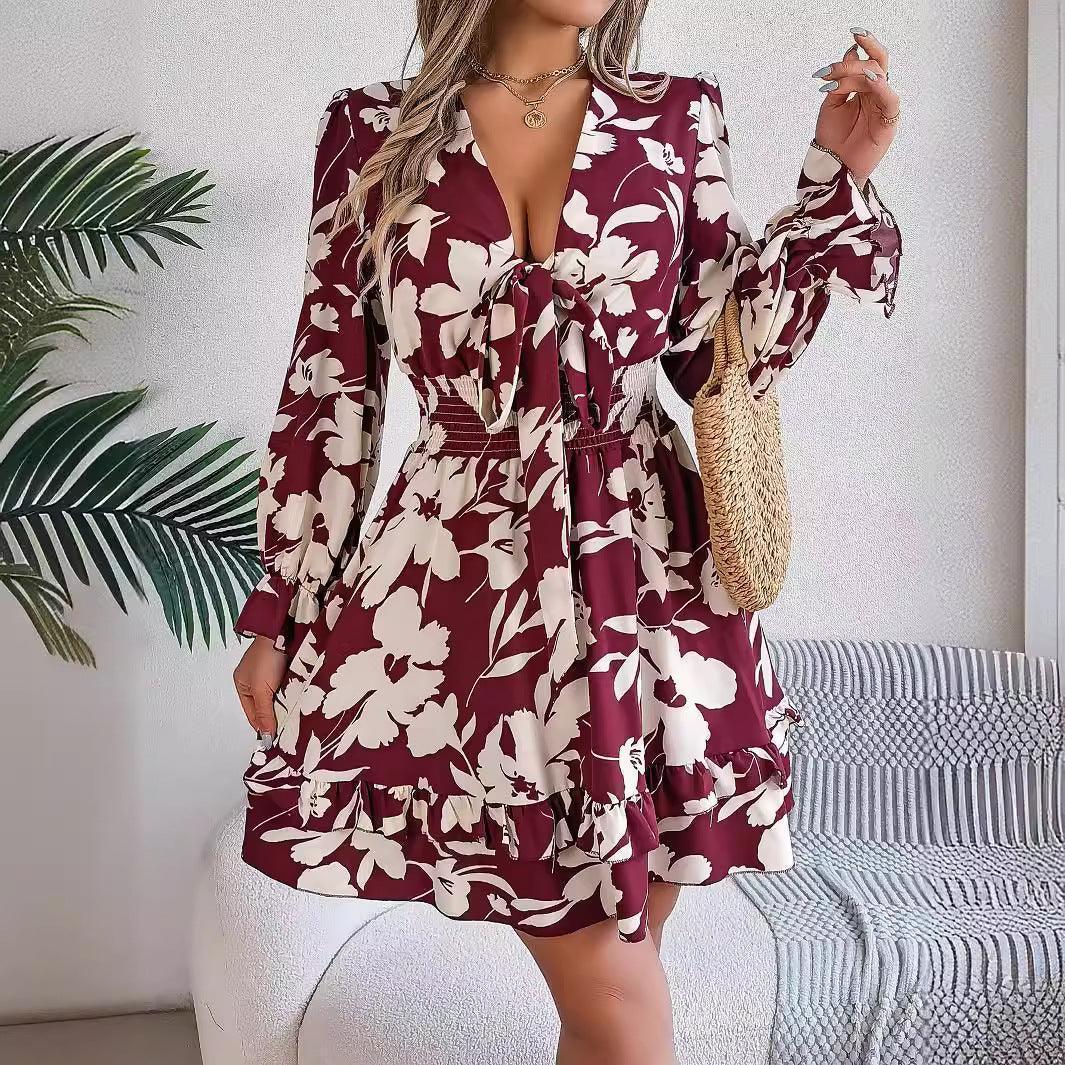 Casual Floral Lace up Long Sleeve Dress