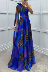 Chiffon Printed Sloping Shoulder Casual Party Dress