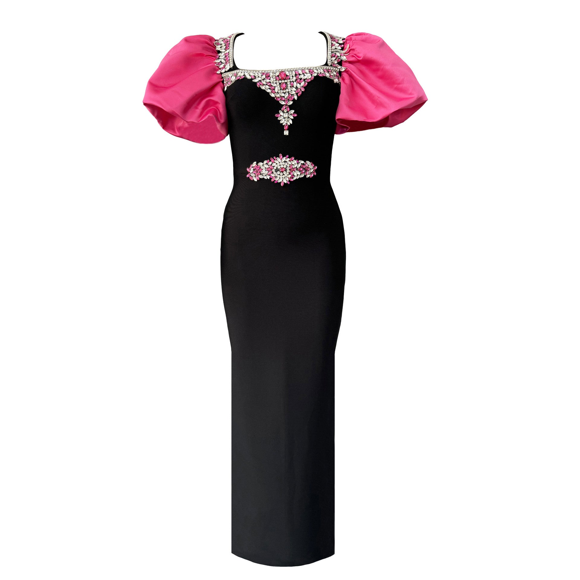 Elegant Rose Red Puff Sleeve Bandage One Piece Dress