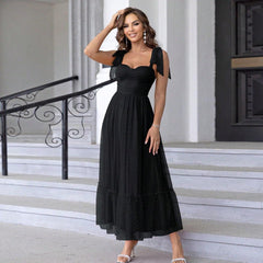 Fashionable Lace up Shoulder Pleated Hem Mesh Dress