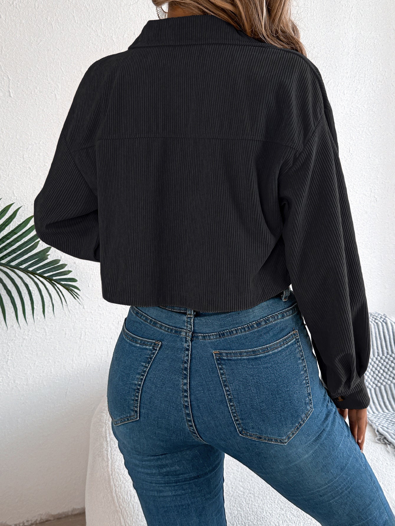 Casual Pocket Long Sleeve Corduroy Short Jacket