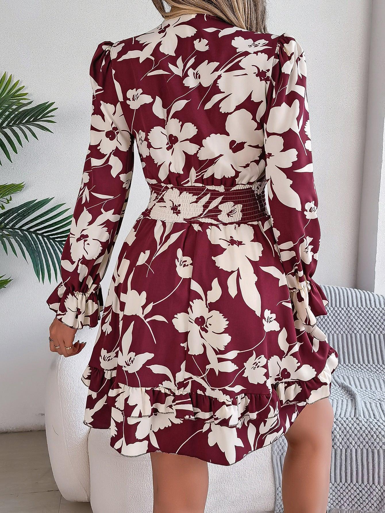 Casual Floral Lace up Long Sleeve Dress