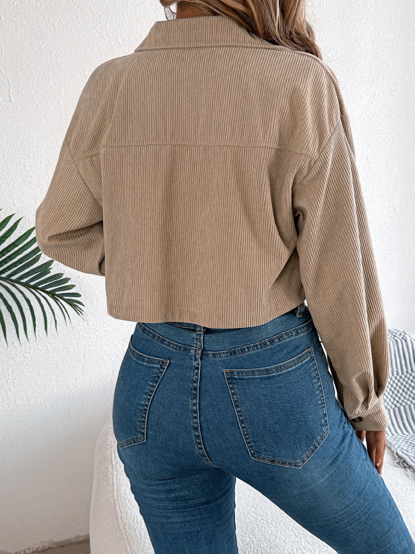 Casual Pocket Long Sleeve Corduroy Short Jacket