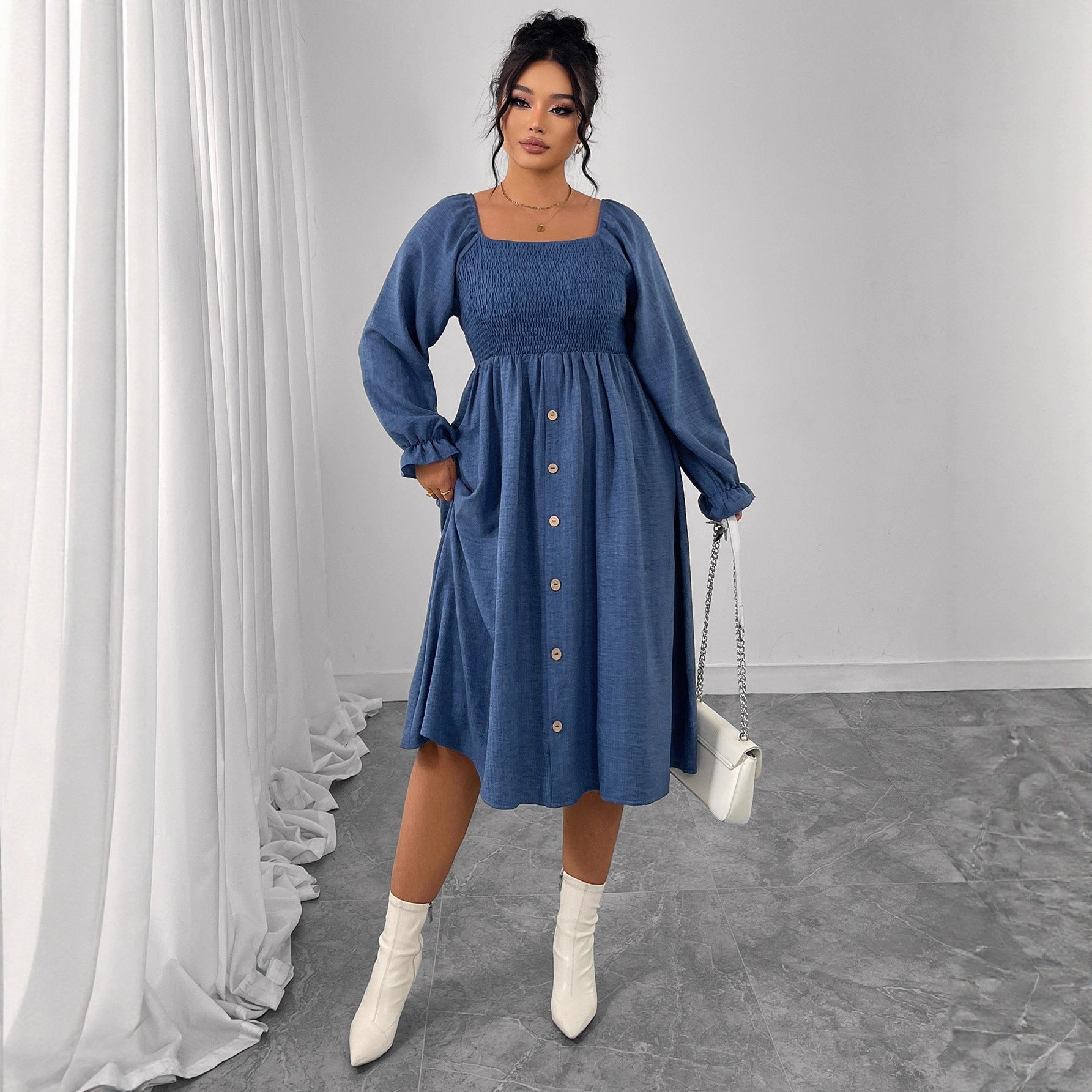 High Waist Pleated Square Collar Button Long Sleeve Dress