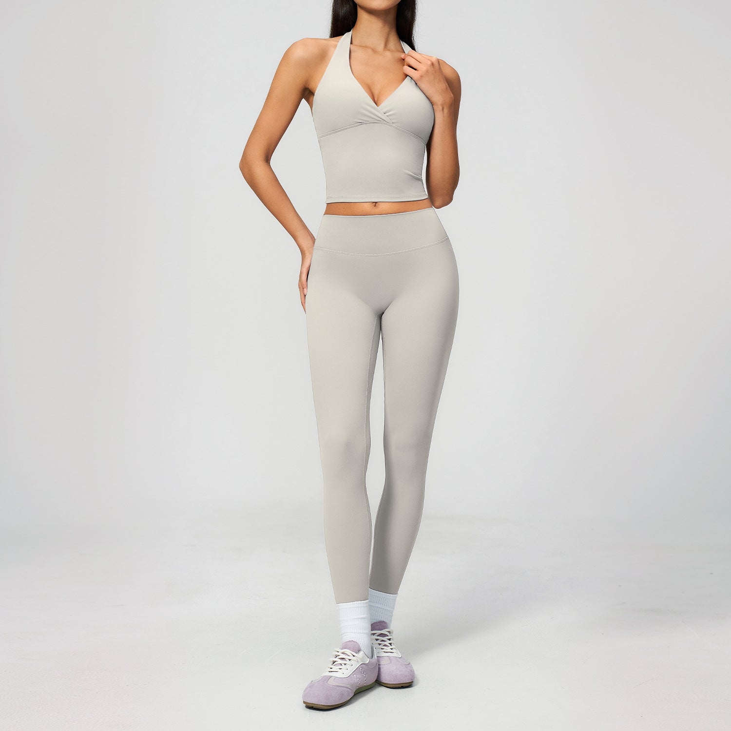 Brushed Deep V Plunge Halter High Waist Yoga Clothes