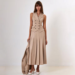 Elegant Maxi Skirt Sleeveless Vest Pleated Two Piece Sets