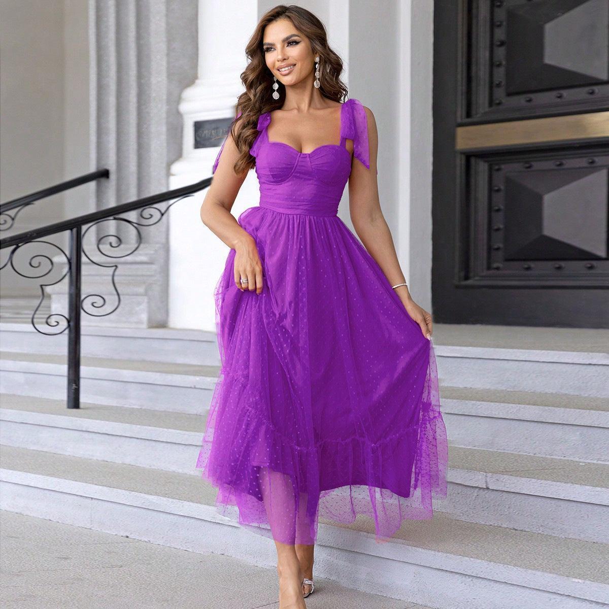 Fashionable Lace up Shoulder Pleated Hem Mesh Dress