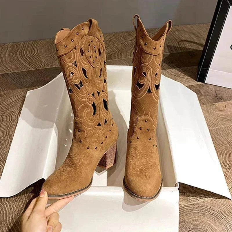 Autumn Chunky Heels Knee High Cowboy Boots