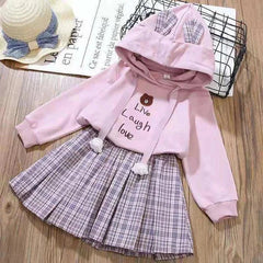 Cotton Cartoon Little Bear Hoodies + Pleated Skirt 2Pcs Suit