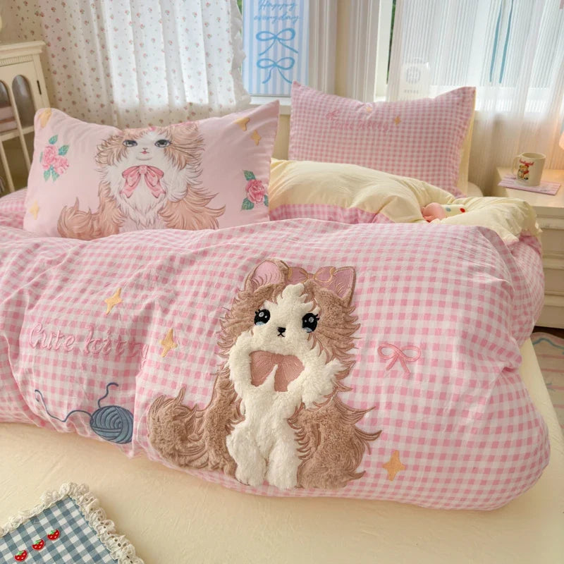 Cute Cartoon's Bow Towel Embroidery Girls Bedding Set