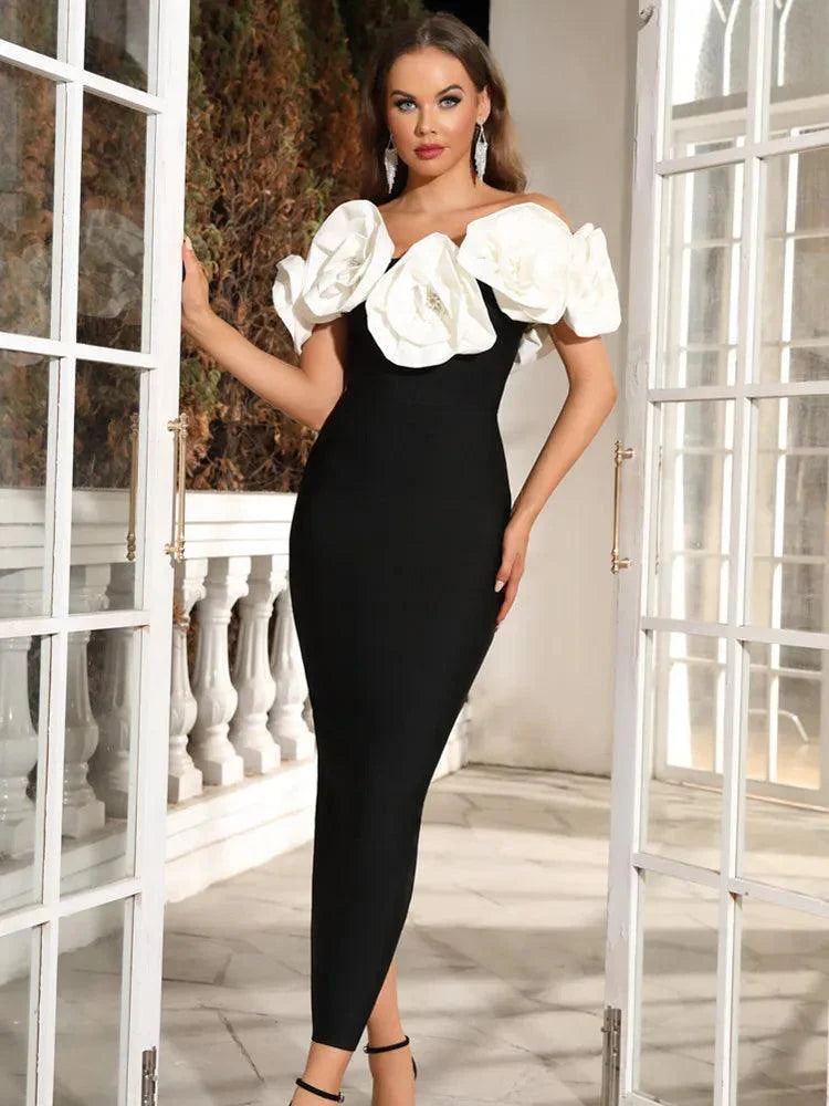 Flower Off Shoulder Maxi Long Bandage Party Dress