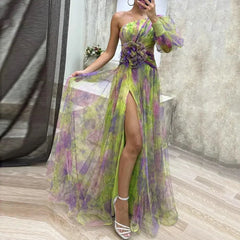 Elegant One Shoulder Tie-dye Ball Gown Evening Dress